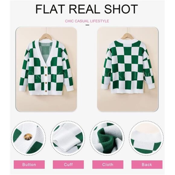 NEW Womens Plaid V Neck Button Down Long Sleeve Cable Knit Oversized Cardigan - Picture 5 of 6